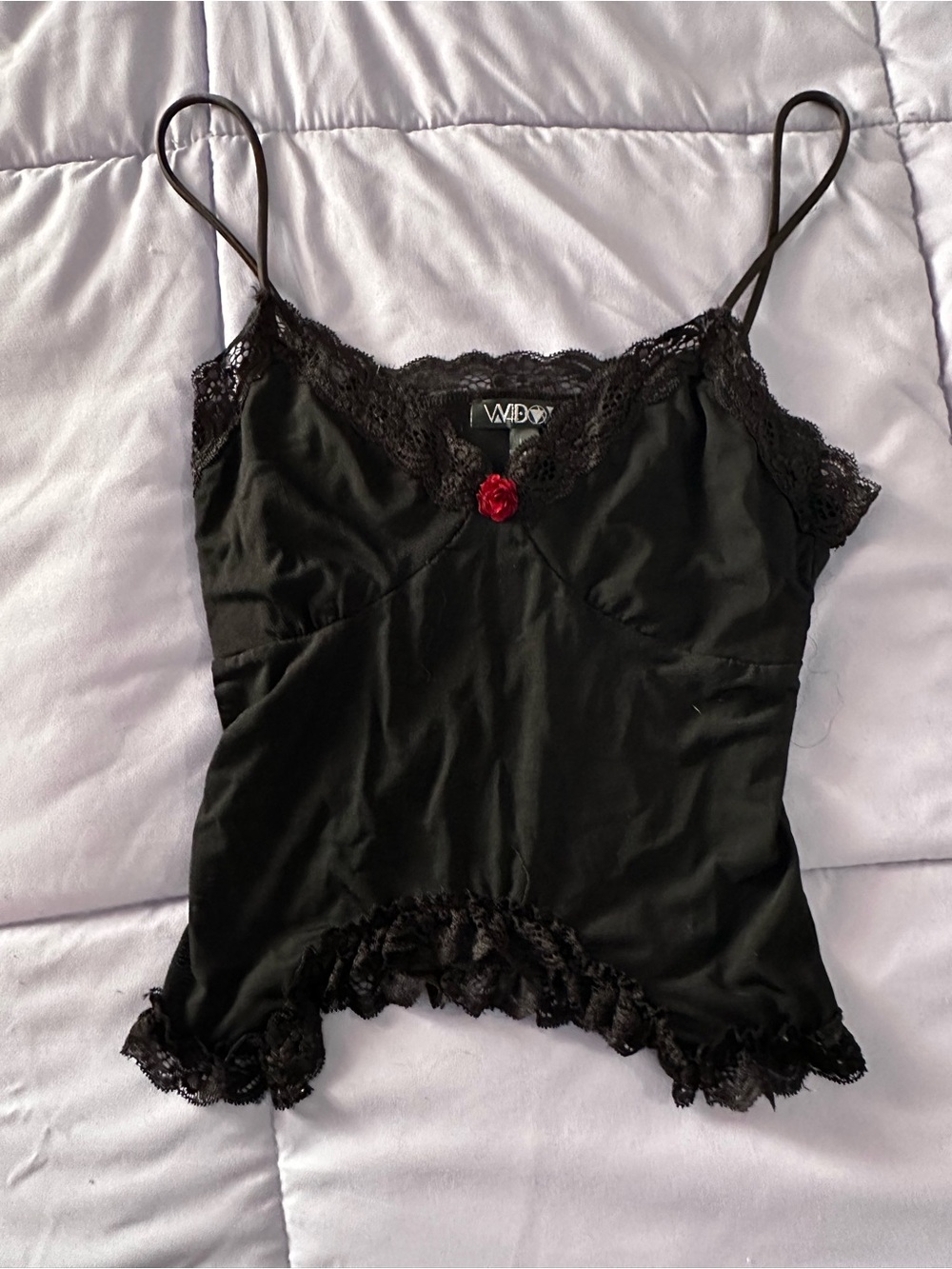 Widow Black Lace Trim Cami with Red Rose Accent
